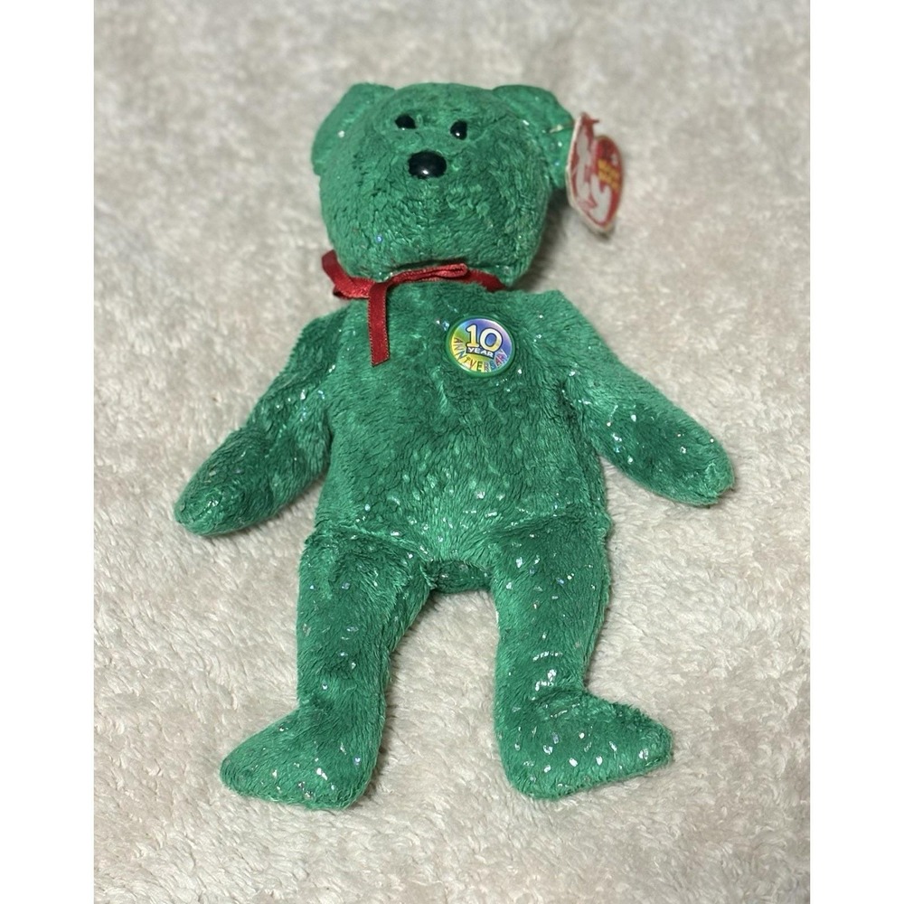 Beanie Baby 2003 TY "Decade" Pin Green Teddy‎ Bear With Silver Sparkly Confetti